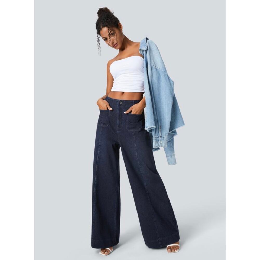 Halara Flex High Waisted Pockets Washed Casual Wide Leg Jeans Medium - Picture 4 of 12